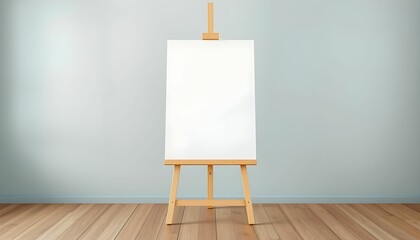Wooden easel, blank white canvas, soft natural lighting, minimalist studio setting