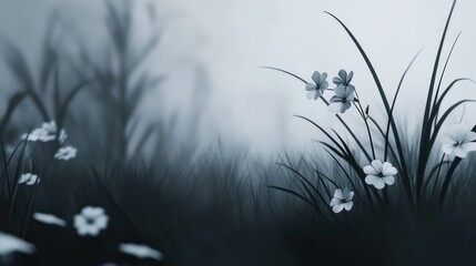 Obraz premium Misty meadow flowers. Artistic digital painting. Quiet nature. Peaceful scene. Stock photo