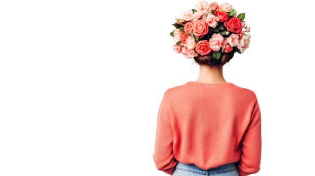 Back view woman wearing flower headpiece in coral sweater, cut out transparent