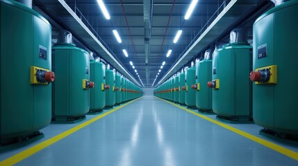 High Tech Equipment Line In Hydroelectric Plant Illuminated With Bright Fluorescent Lights