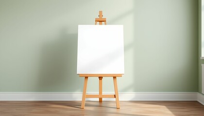 Wooden easel, blank white canvas, soft natural lighting, minimalist studio setting, pale green wall, hardwood floor, shadows cast on wall, artistic workspace, clean composition