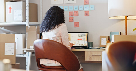 Small business website, woman and laptop screen for ecommerce, dropshipping reviews or goods...