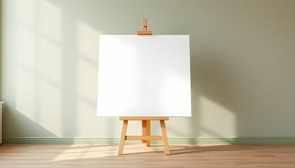 Wooden easel, blank white canvas, soft natural lighting, minimalist studio setting, pale green wall, hardwood floor, shadows cast on wall, artistic workspace, clean composition, simplicity