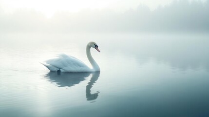 White Swan Swimming on Misty Lake at Sunrise Serene Waterfowl