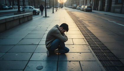 Man Squatting Head Down on Sidewalk Street Feeling Sad