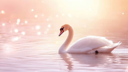 Fototapeta premium Swan Swimming Calmly in Pink Water with Soft Bokeh Lights Effect