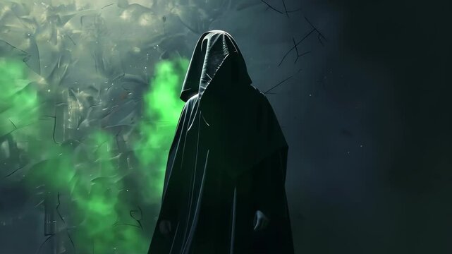 A mysterious cloaked figure stands alone in a shadowy space, shrouded in mist and illuminated by soft light, evoking a sense of intrigue and suspense.
