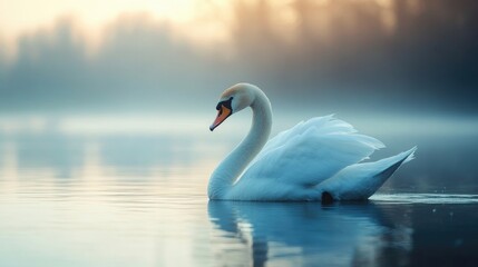 Fototapeta premium Elegant Swan Swimming in Misty Lake at Sunrise Serene Wildlife Scene