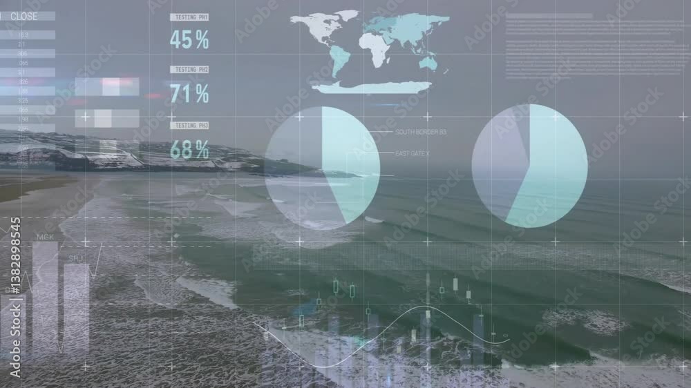 Poster data visualization animation over coastal landscape with graphs and world map