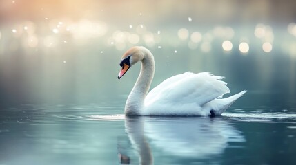 Fototapeta premium Swan Swimming Calmly on Water with Reflection and Bokeh Lights