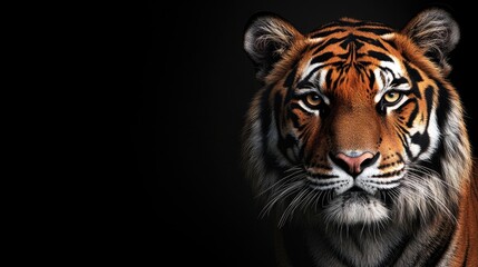 Fototapeta premium Tiger Portrait with Striking Gaze Against Black Background for Wildlife Concepts