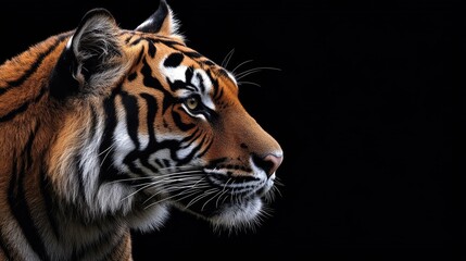 Fototapeta premium Tiger Profile Portrait on Black Background Wildlife and Conservation Image