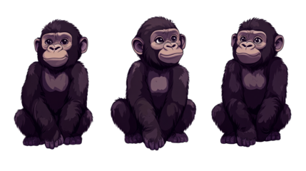 Cute chimpanzees sitting cartoon style illustration, cut out transparent