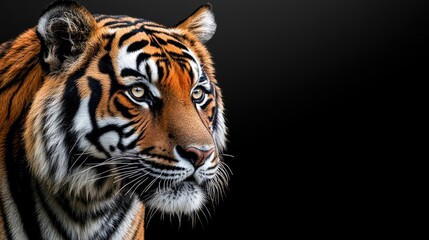 Naklejka premium Focused Tiger Portrait Striking Close-up on Dark Background Wildlife Image