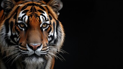 Fototapeta premium Majestic Tiger Portrait with Striking Details Against a Dark Background