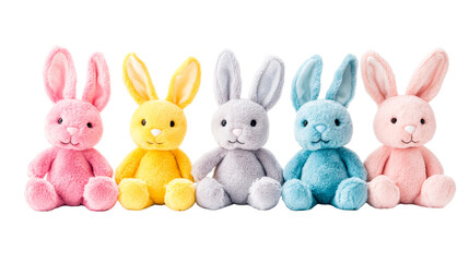 Colorful plush bunnies in a row for Easter, cut out transparent