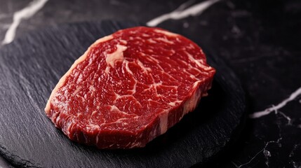 Raw Beef Steak Sits on Dark Slate Stone with Marble Backdrop
