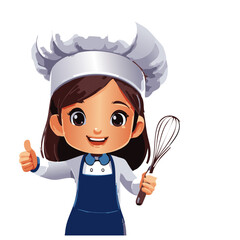 Naklejka premium Happy young girl chef wearing a white hat and blue apron, holding a whisk and giving a thumbs-up with a cheerful smile on her face, standing confidently in front of a white background.