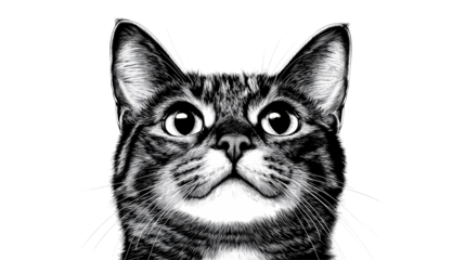 Detailed drawing of adorable cat with expressive eyes, cut out transparent