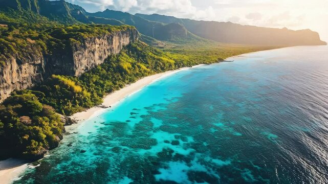 Breathtaking aerial perspective of a tropical landscape featuring soaring cliffs, a pristine sandy beach, and vibrant turquoise waters under the warm glow of sunset.