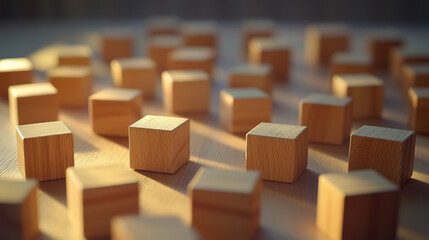 Fototapeta premium Wooden cube blocks in a clean pattern, minimalistic design with soft natural light, conveying simplicity and order.