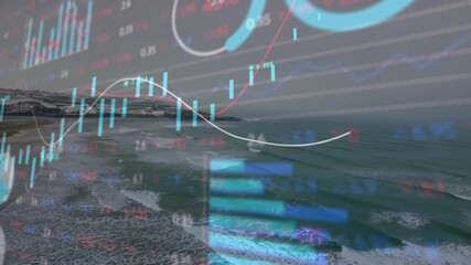 Animation of financial data graphs overlaying ocean waves on coastal landscape - Powered by Adobe