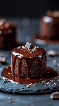 Decadent chocolate lava cake with rich ganache and chocolate shavings on a slate plate dark background studio shot mouthwatering dessert