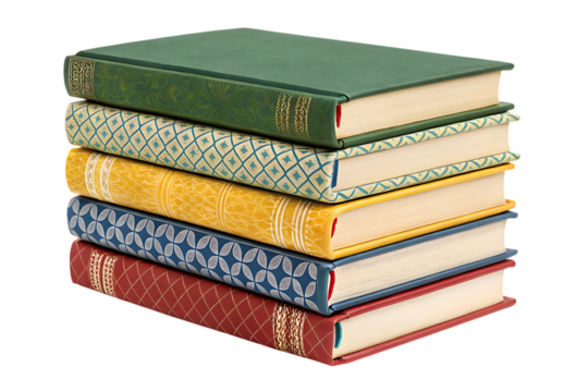 Stack of vintage books colorful covers for reading on transparent background