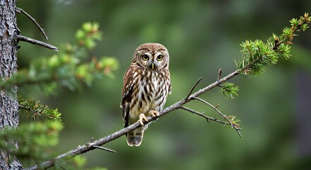 Obraz premium A Flammulated Owl Perched on a Thin Branch of a Conifer Tree in a High-Elevation Forest_