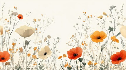 Naklejka premium Delicate floral watercolor painting featuring vibrant poppies and wildflowers against a soft neutral backdrop creating a serene and artistic botanical illustration