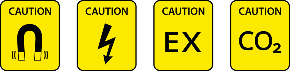 Caution yellow sign. Warning biohazard, radioactive, nuclear and toxic sign icons set. Biohazard, chemical hazard warning triangular vector symbol stickers for web, print game, ui.