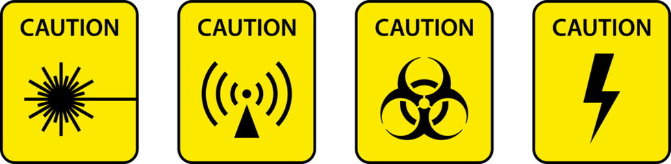 Caution yellow sign. Warning biohazard, radioactive, nuclear and toxic sign icons set. Biohazard, chemical hazard warning triangular vector symbol stickers for web, print game, ui.