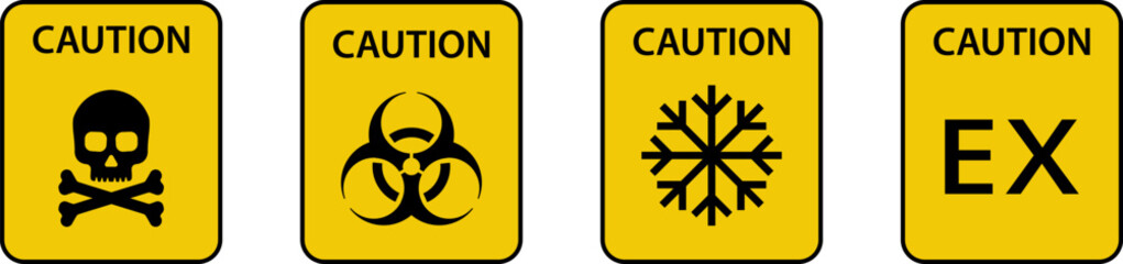 Caution yellow sign. Warning biohazard, radioactive, nuclear and toxic sign icons set. Biohazard, chemical hazard warning triangular vector symbol stickers for web, print game, ui.