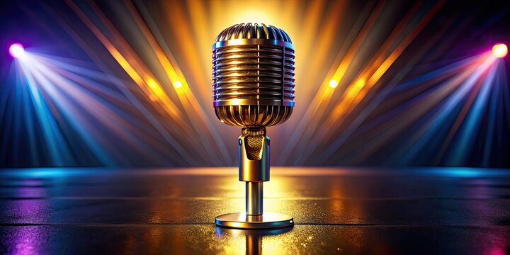 Luxury Microphone Portrait, Gold Mic, Neon Lights, Minimalist Studio Photography, Symmetrical Product Shot