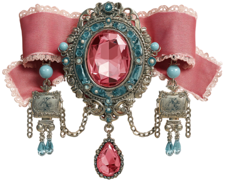 Elegant brooch featuring large pink gemstone at center, surrounded by intricate silver detailing and blue accents. design includes pink ribbon and dangling elements, creating luxurious appearance