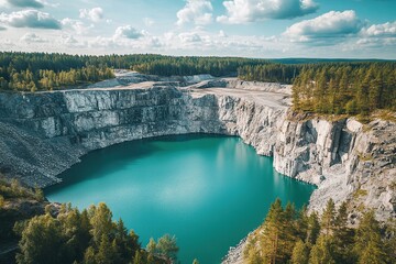 Aerial View Of Turquoise Quarry Lake Surrounded By Lush Green Forest Under A Sunny Sky