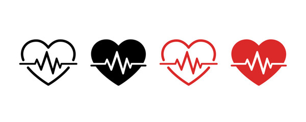 Heartbeat icon set with pulse line. Heartbeat pulse flat icon. Heart shape with pulse line. Heart beat pulse cardiogram wave icon vector illustration