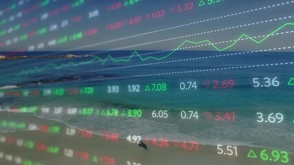 Stock market data animation over serene beach landscape with ocean waves - Powered by Adobe
