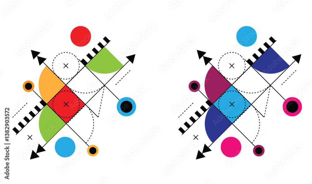 Poster Abstract Line Art Square and Circular Shapes Blueprint Element Multi Colored. Graphic design elements and resources vector art