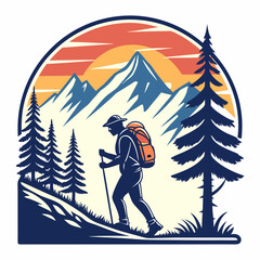 Hiking Adventure Illustration With Backpack And Mountain Landscape At Sunset