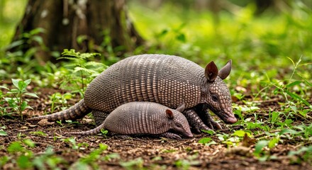 Fototapeta premium A Giant Armadillo (Priodontes Maximus) Mother and Her Pup Resting in the Shaded Understory at the Edge of a Tropical Forest