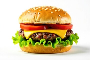 Close-up of a juicy burger on white background, greasy, takeout, dinner