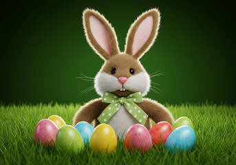 Cute easter bunny with eggs in grass happy easter holiday celebration