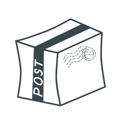 Box parcel doodle doodle sketch style. Hand drawn closed cardboard box with postal stamp. Concept of delivery and receipt of a parcel or goods, retail. Vector graphic