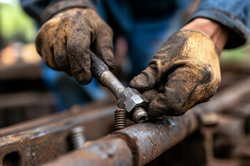 Close-up of hands using a screwdriver to tighten a screw in a workshop during daylight hours