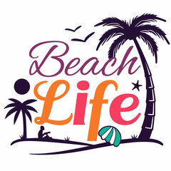 Vibrant Beach Life Illustration With Palm Trees And Relaxing Silhouette
