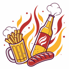 Beer Bottle French Fries And Sausage Delicious Fast Food Combo Vector Illustration