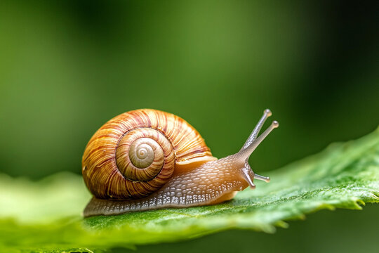 Close-up view of a snail crawling on a green leaf in a natural setting during daylight hours