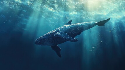 Fototapeta premium Humpback Whale Swimming Underwater with Sunbeams in Deep Blue Sea