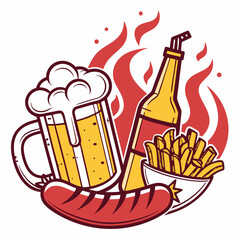 Beer Bottle With Sausage And Fries Classic Meal Illustration For Design
